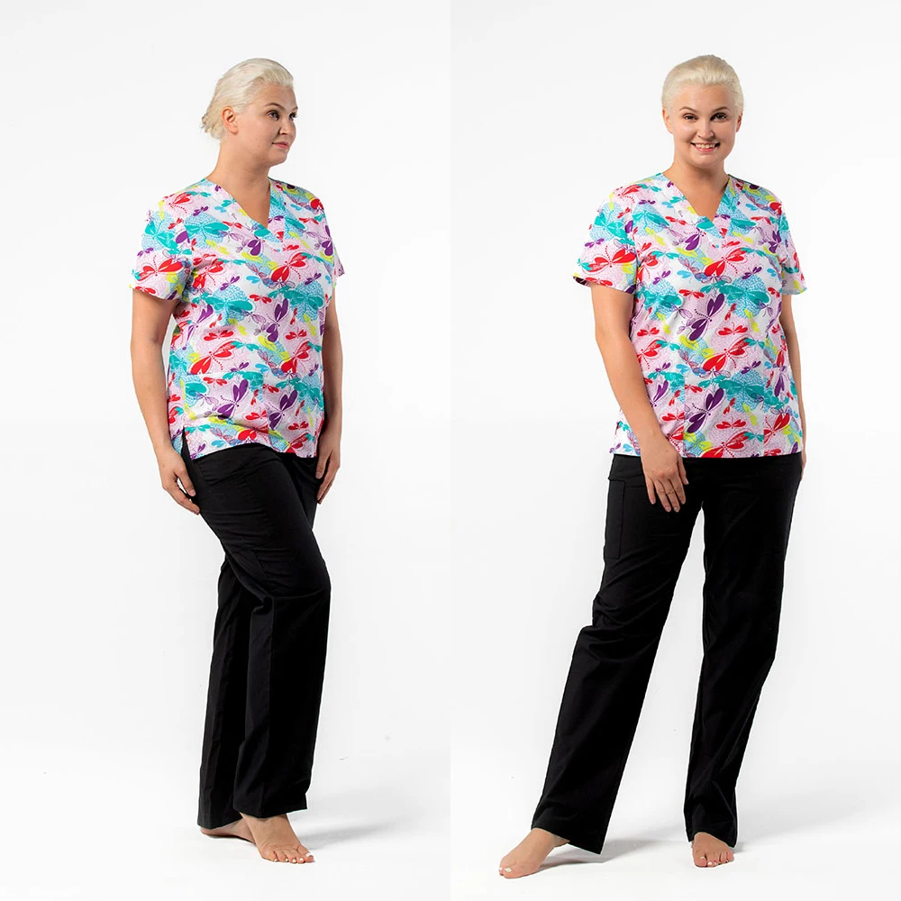 
Wholesale Polycotton Printed Cheap Scrub Tops on Sale for women V-neck uniform in bulk chinese manufacturer 
