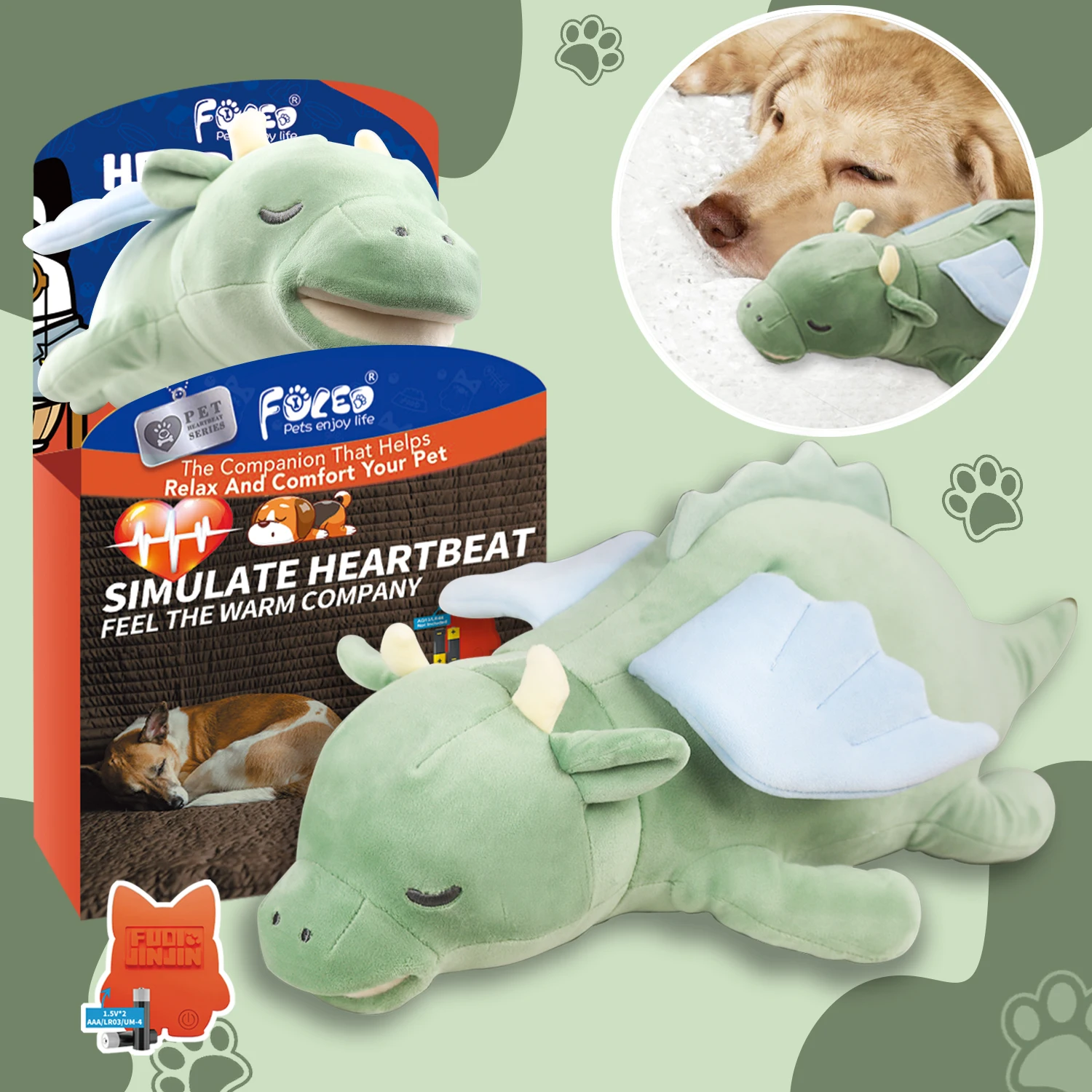 PET FULED Plush Dog Toy with Heartbeat Vibration Durable Dragon-Shaped Comfort Sniffing Play Pillow Behavior Training Toy