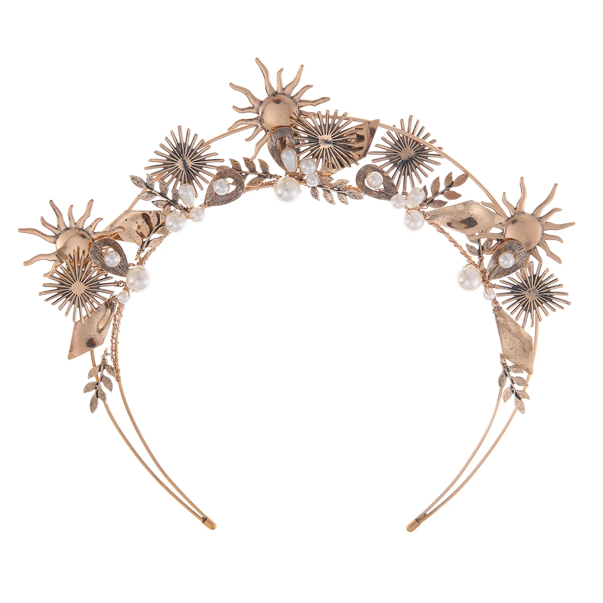 European And American Fashion Retro Sun Shape Headband Performance Brass Party Crown Headband Pearl Decoration Hair Accessories