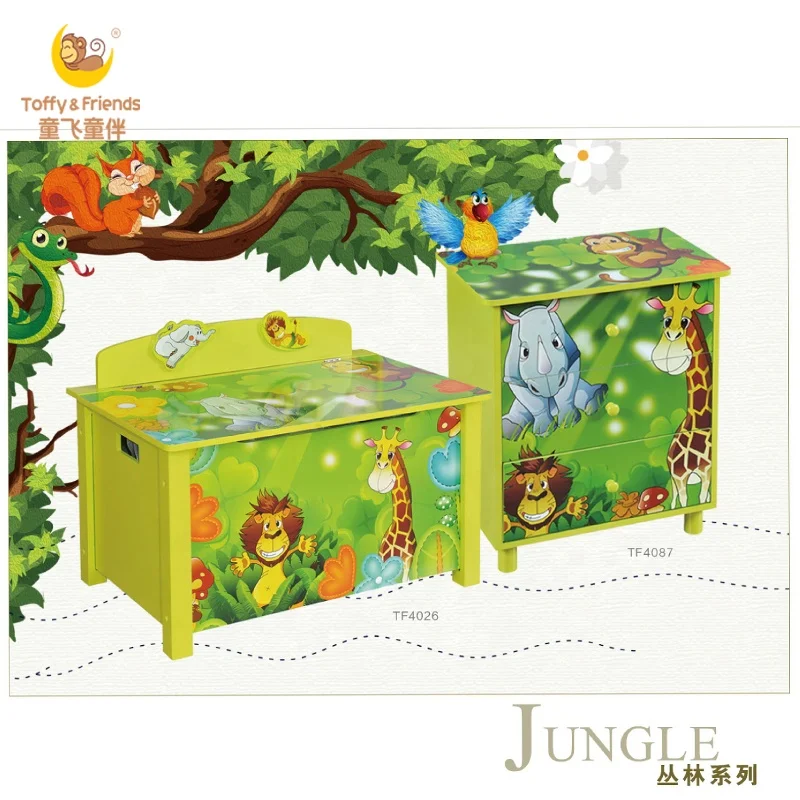 Toffy & Friends Kids Wooden Bedside Cabinet with 3 Drawers Lamp Table in Jungle Design
