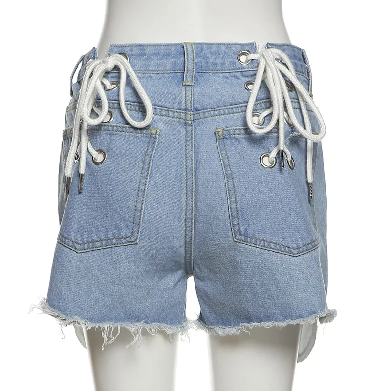 Modern Streetwear Ripped Hole Strap Sexy Tight Bandage Street Trendsetter Casual Denim Shorts