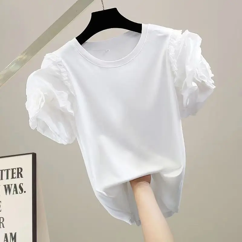 2023 Fashion three-dimensional flower bubble sleeve wooden ear stitching short-sleeved T-shirt niche design casual temperament