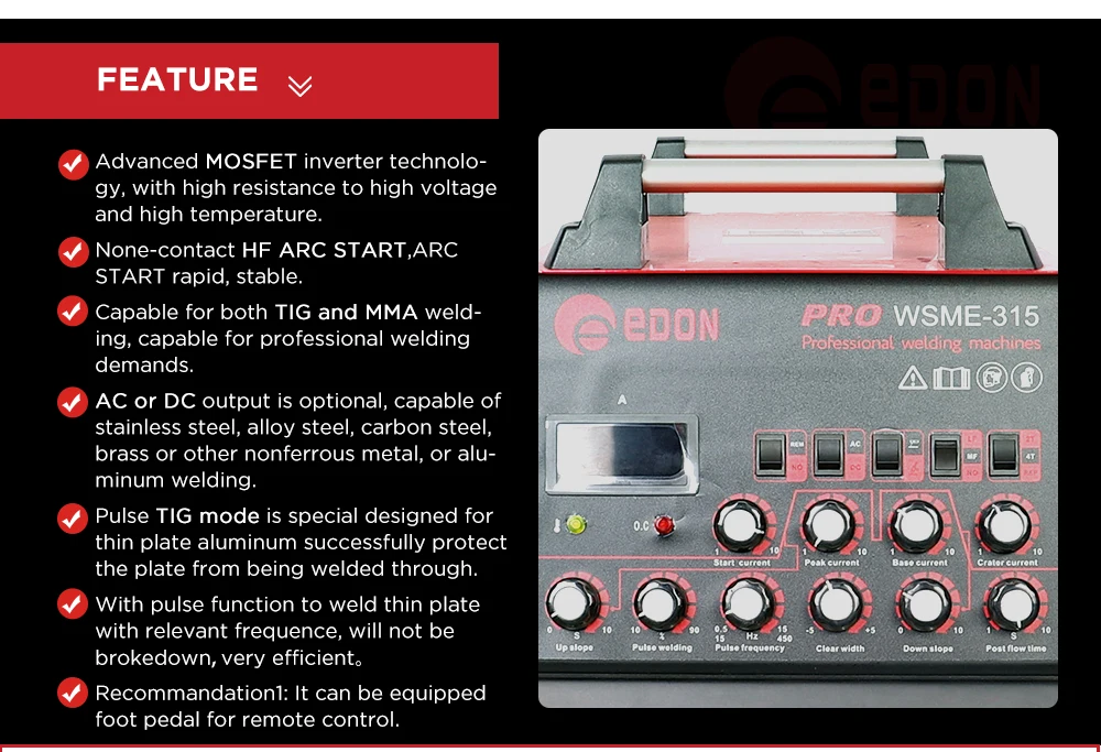 EDON PORTABLE 380V MOSFET WSME-315 AC/DC ARGON INVERTER WELDING MACHINE