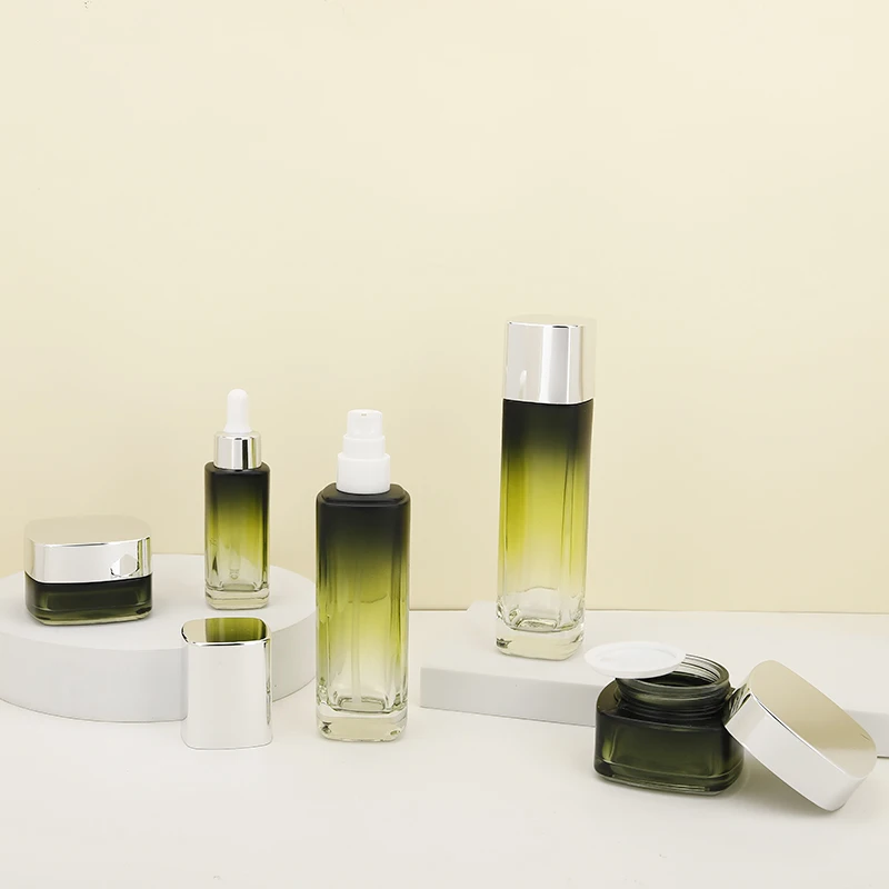 Индивидуальная торговая марка пустой роскошный стеклянный контейнер для косметической квадратной зеленой градиентной бутылки и банки