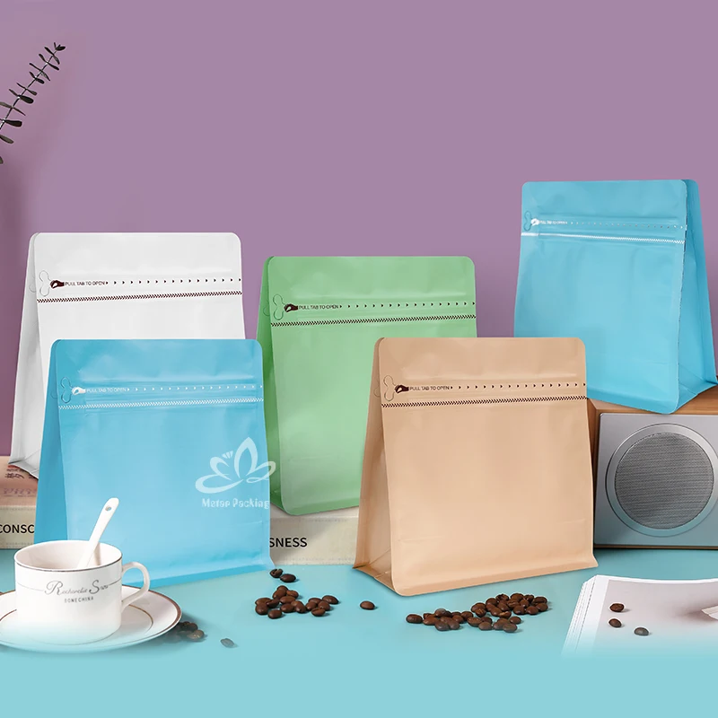 Wholesale matte printing square bulk zipper aluminum foil flat bottom coffee bag with valve and logo