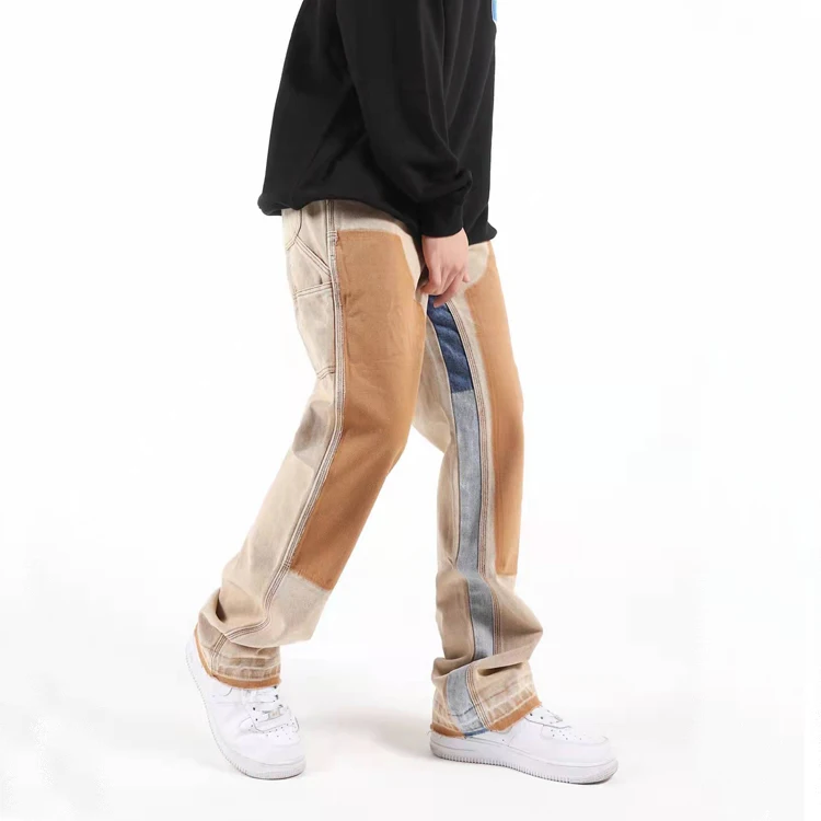 Men 2022 FW collection stacked jeans straight leg loose fit sand wash canvas jeans pants