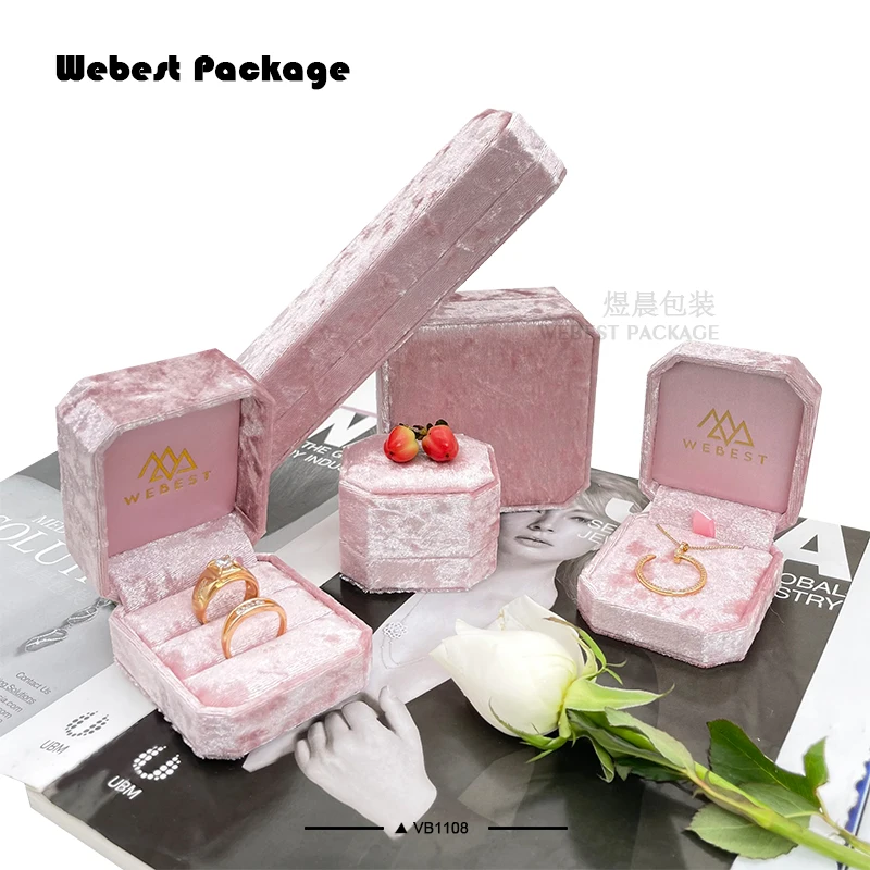 Webest new color faux suede  pink jewelry box customize necklace box bracelet velvet double ring box