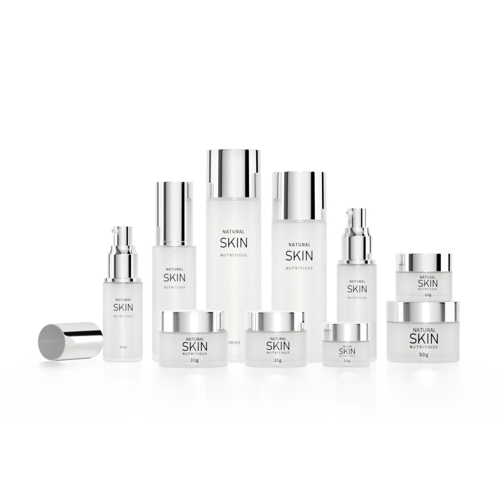 Custom Frosted Empty Pump Lotion Aluminum Cosmetic Packaging Luxury Matte Clear Cream Glass Skincare Bottles and Jars Set