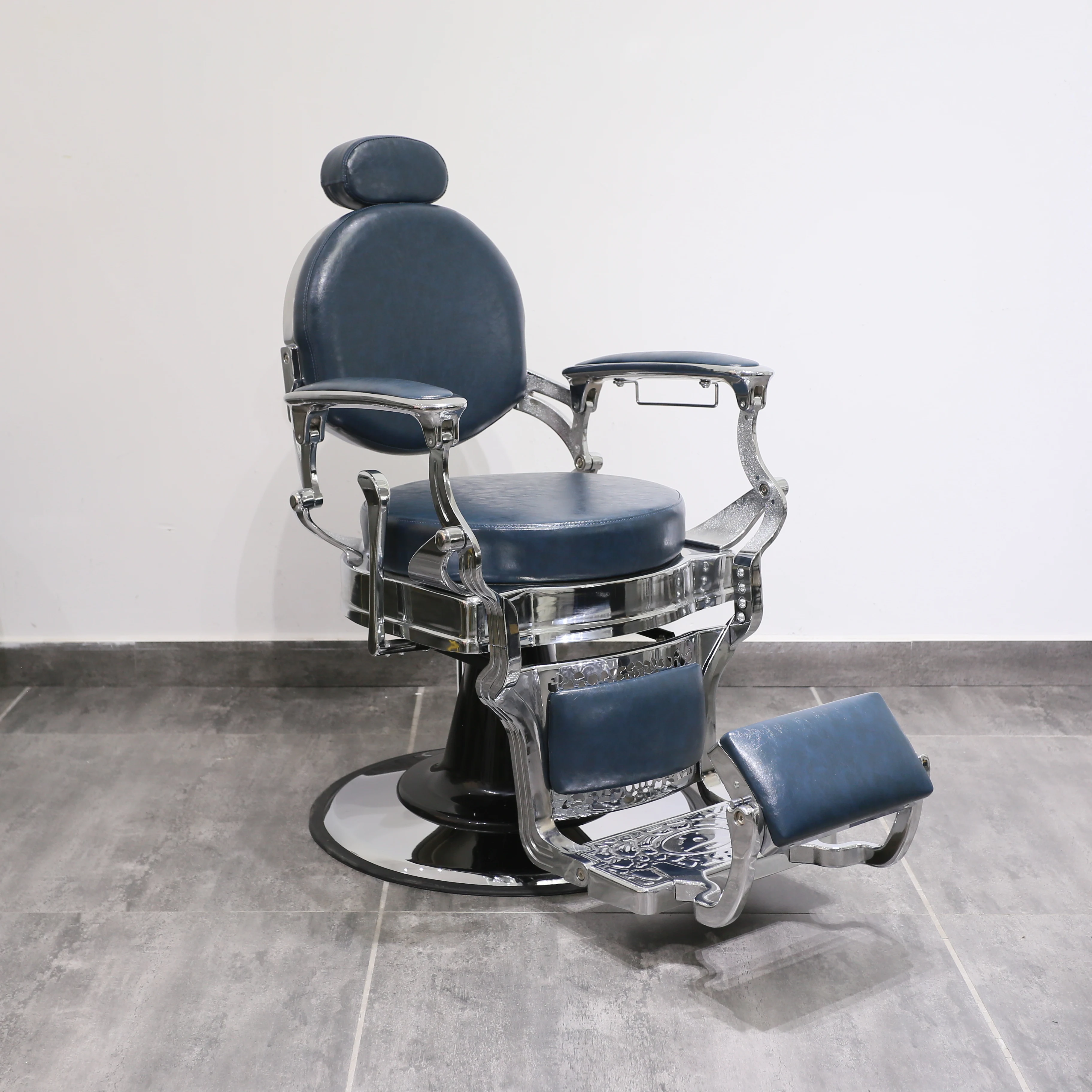 Luxury Dark Green Round Back Barber Chair Hydraulic Pump Unique Shape Can Be Customized Leather Reclining Barber Chair Set Parts