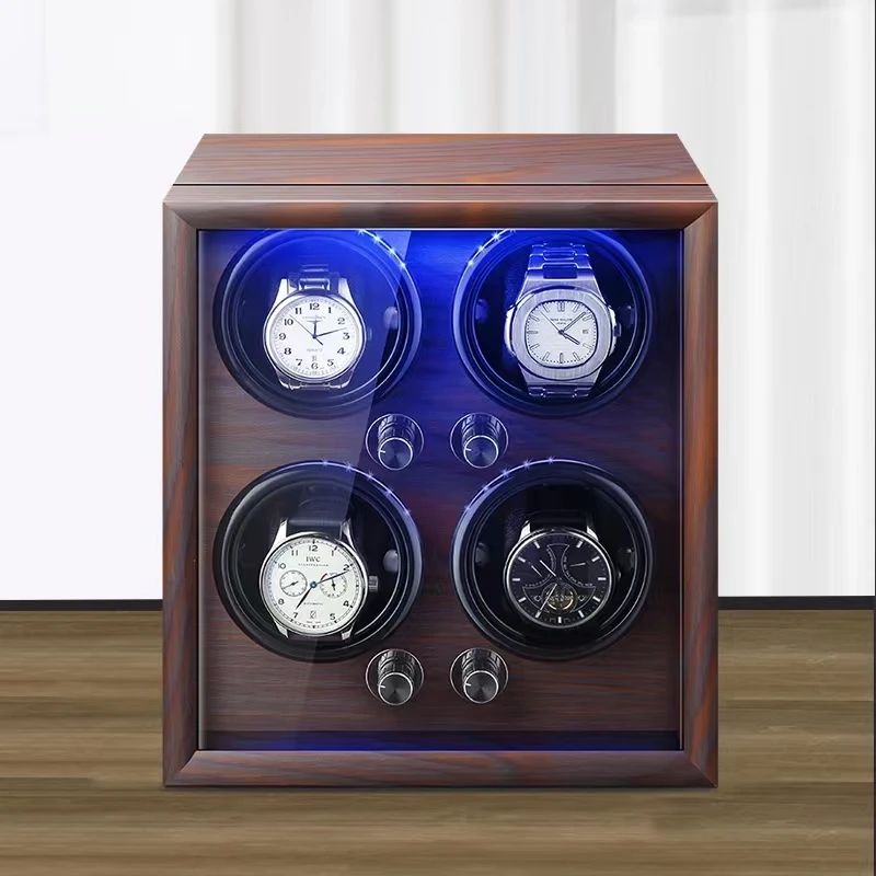 Luxury High quality  molle Automatic watch winder safe wood leather rotations watch winder box  4 slots with LED OPEN-STOP
