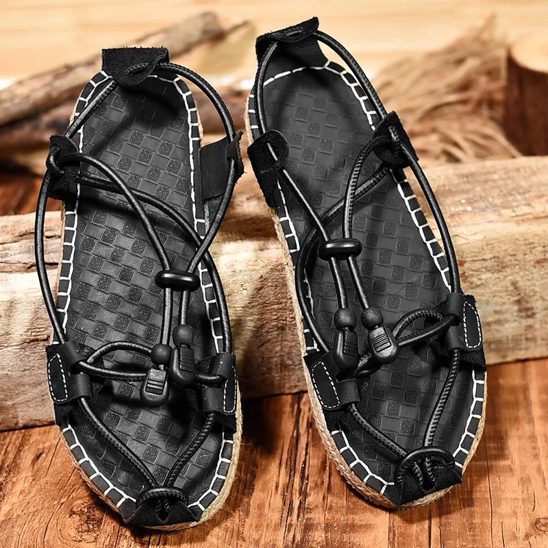 Latest models high quality wholesale rome style women rope leather black straw sandals mens 2021 factory sale