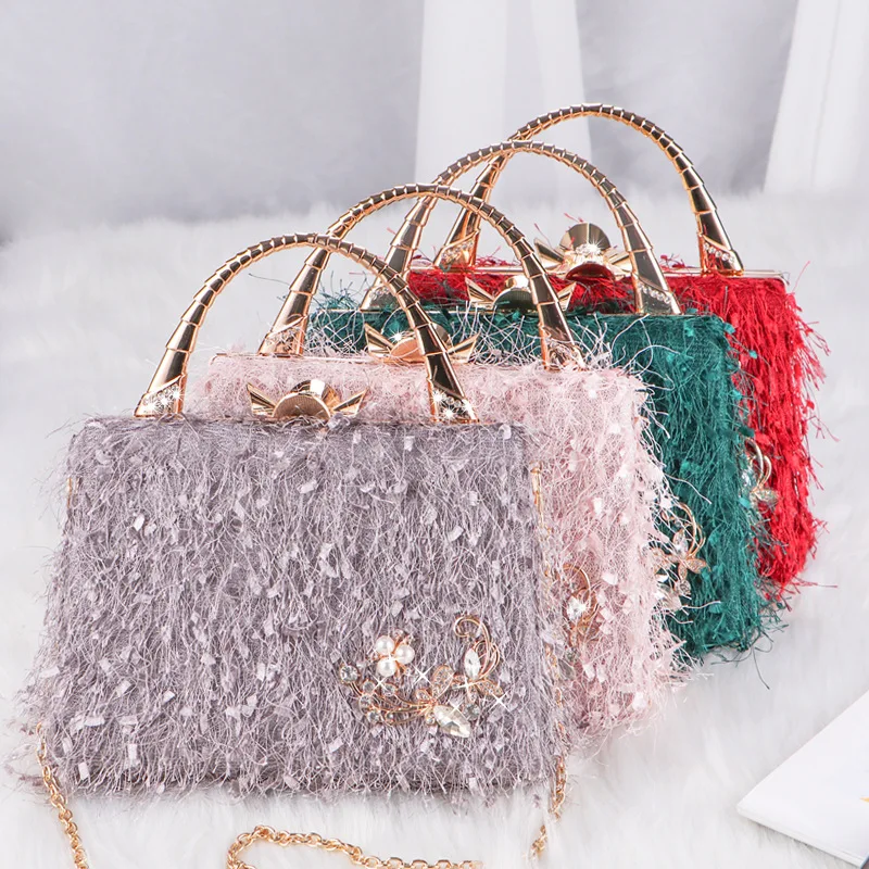 Elegant Red/Green/Pink Wedding Purse Feather Pearl Rhinestone Evening Bag Fashion Women Shoulder Handbags Bridal Party Clutches