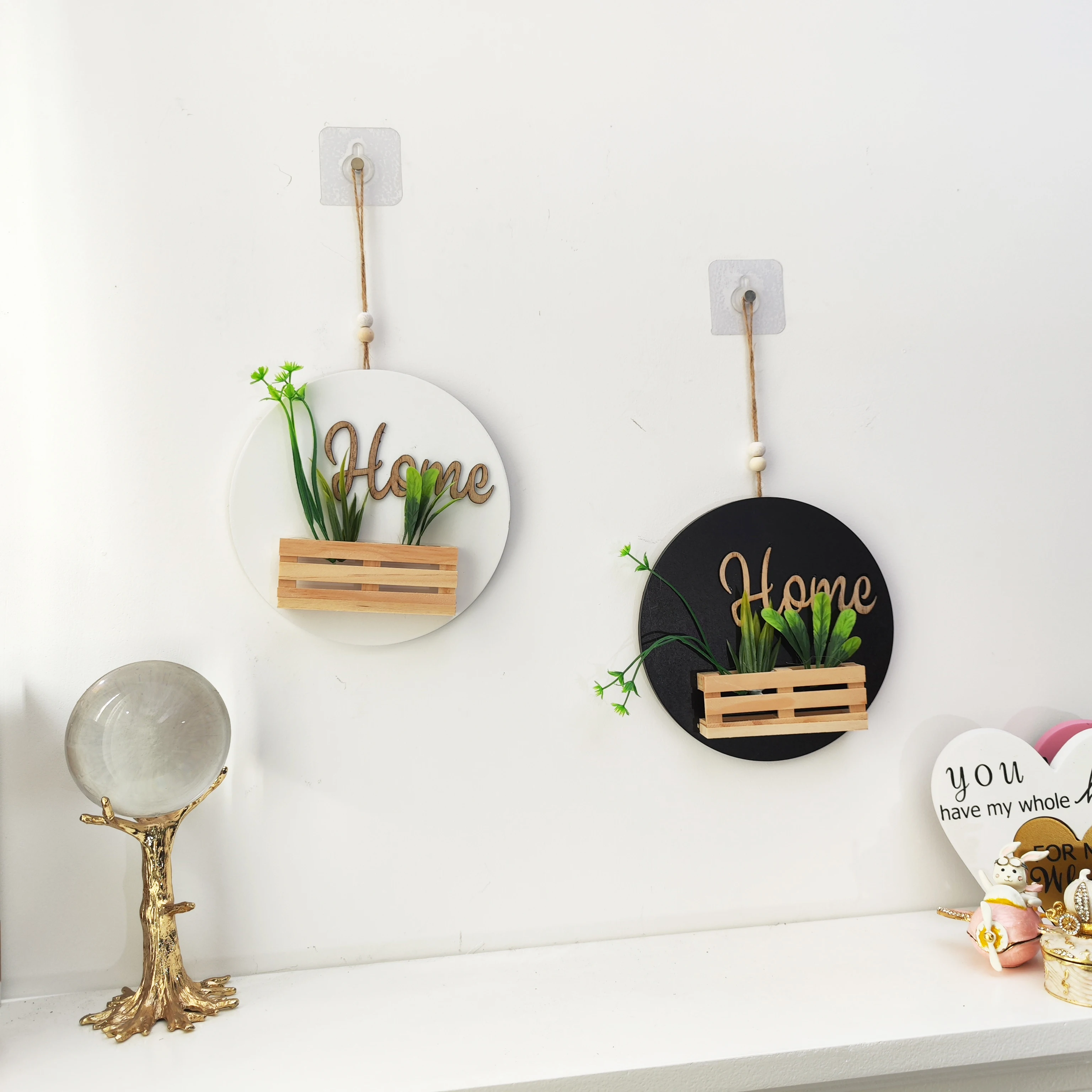 Wooden wall hanging mounted vase with simulated plant home abstract and minimalist natural style home decor