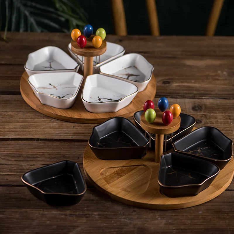 Ceramic marble fruit plate with bamboo and wood base pins snack plate for dried fruit and nuts