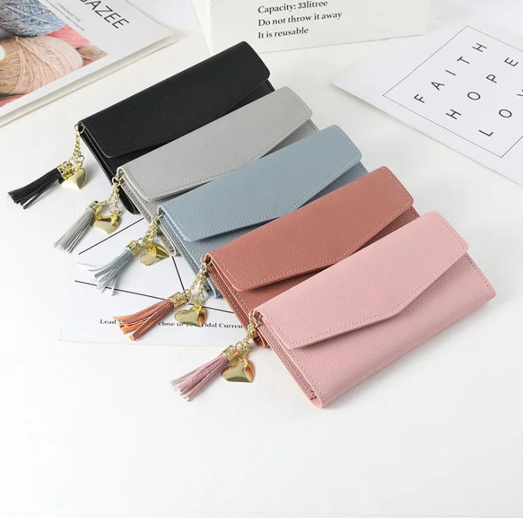 
Fashion Wallet Women Long Purse Wallet Card Heart Pendant Lychee Leather Tassel Purse Fold Over Clutch Zipper Coin Pouch Purse 