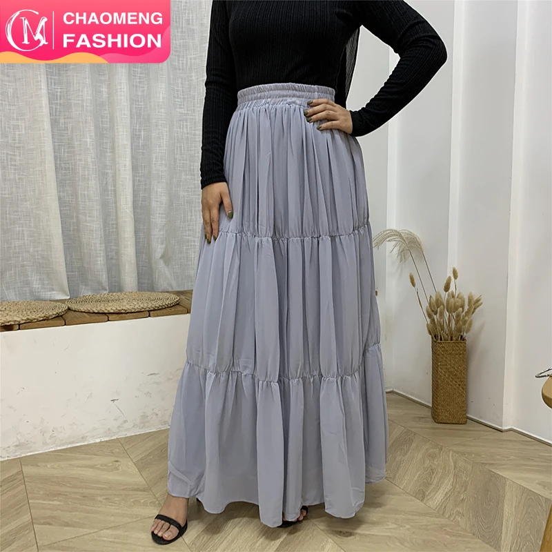3048#2020 New Solid High Stretch Waist Islamic Clothing Big Swing Long Muslim Women Maxi Casual Plain Dresses Skirts
