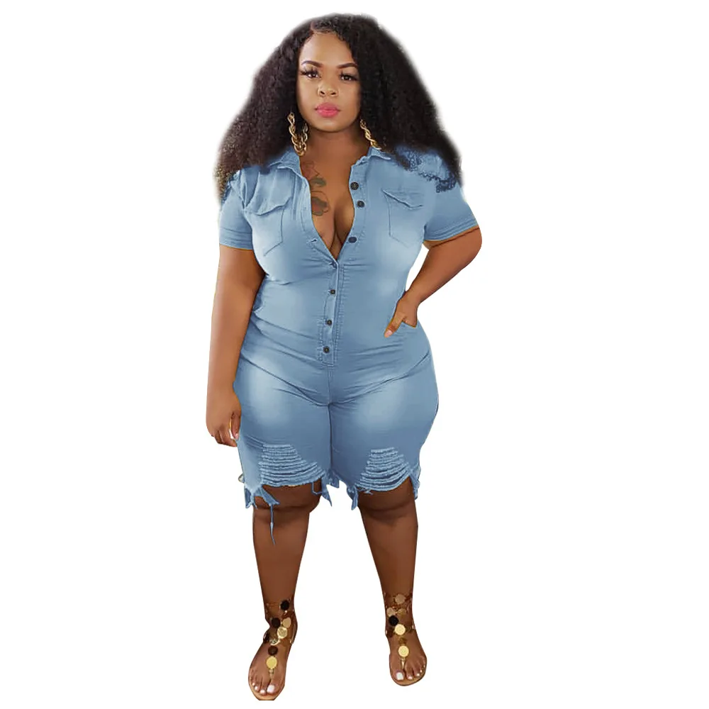 RBX 2021 Women Summer Clothing Slim Skinny Perforated Denim One Piece Plus Size Women Casual Sport Clothes Short Sleeve Workout