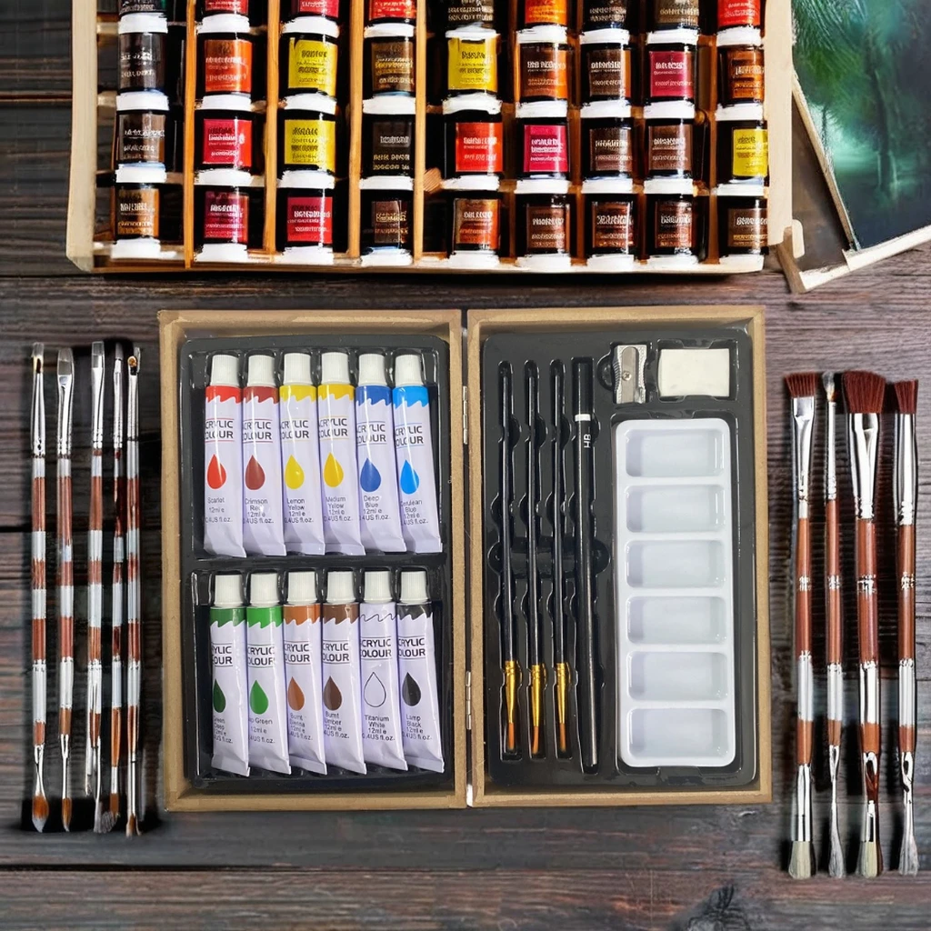 Customized Logo Deluxe 20pcs Art Set Wood Case Package Stationery Set with Pencil 12ml Acrylic Paint for Painting Drawing