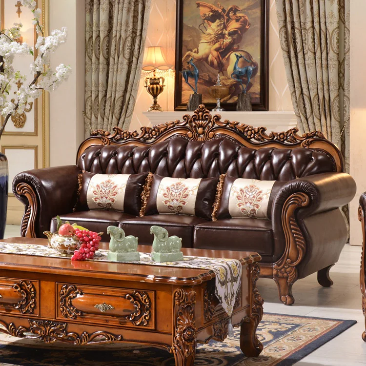 European Style Luxury High Quality Hand Carved Solid Wood 1 2 3 4 Seat Genuine Leather Upholstered Villa Living Room Sofa