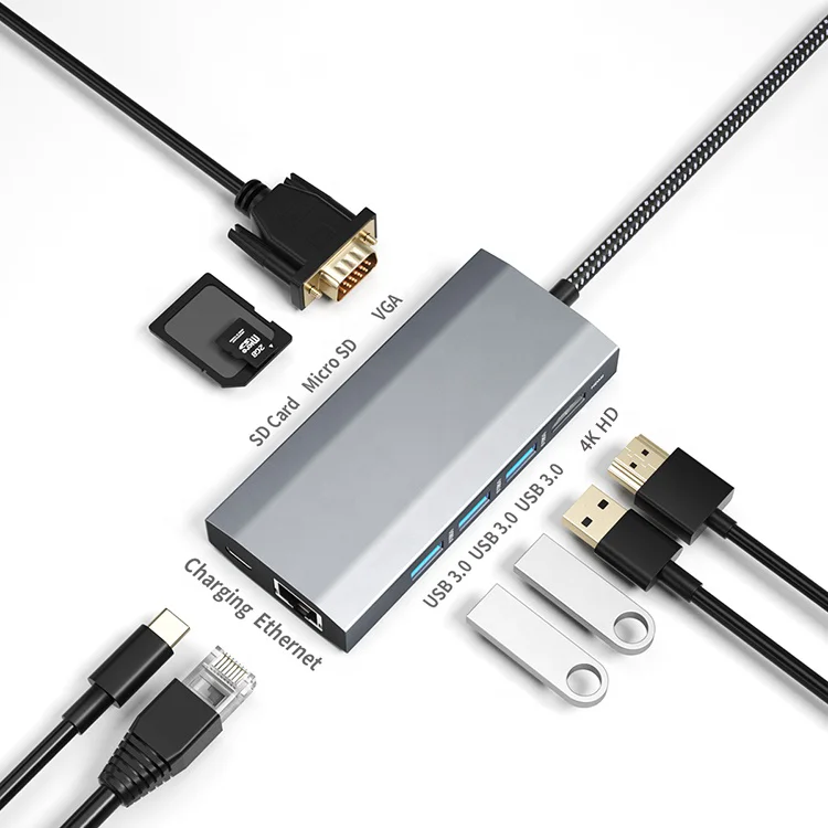 Usb 3.1 9 in 1 Usb Hub usb c hub Type c to HDMI4K*1+VGA1080P*1+USB3.0*3+USB3.0 NIC (gigabit)+PD charging *1+SD+TF