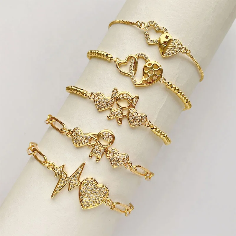 18k gold plated joyeria  brass bead adjustable bangle hear bracelet wholesale cubic zirconia heart bracelet
