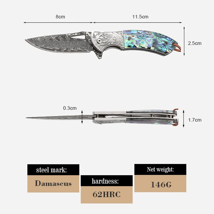 Free Sample Damascus EDC Engraved Abalone Pocket Knife Gift Ebony Wooden Handle Folding Knife Anniversary Husband Father Wedding