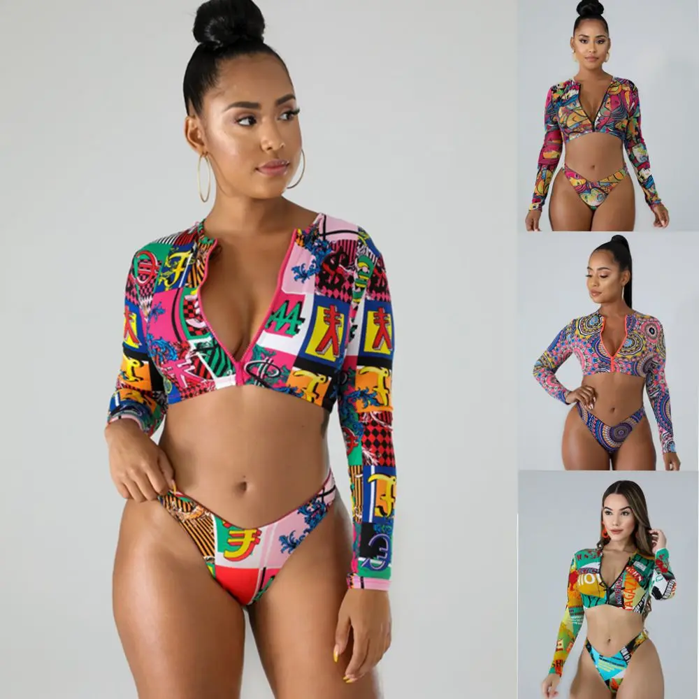 2022 Sexy Bikini and Beachwear  Two-piece swimsuit Multi-color Bikini Set Mini Mini Bikini Hawaiian print long sleeve beach