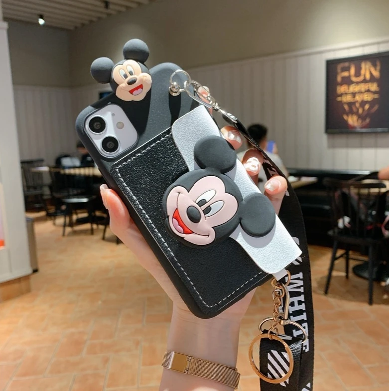 Hot sale card wallet mobile phone cover cartoon with lanyard phone case