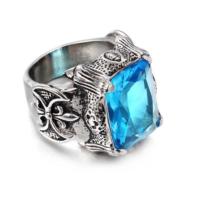Fashion Dragon Carving Stainless Steel Square Large Rings Crystal Vintage Punk Mens Hip Hop Rings