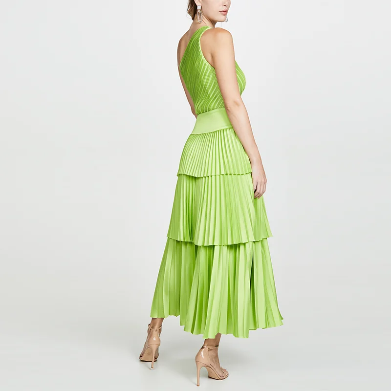 Sexy Neon Green Chiffon  One Shoulder  Slope Neck  Pleated  Layered Party  Dress Women