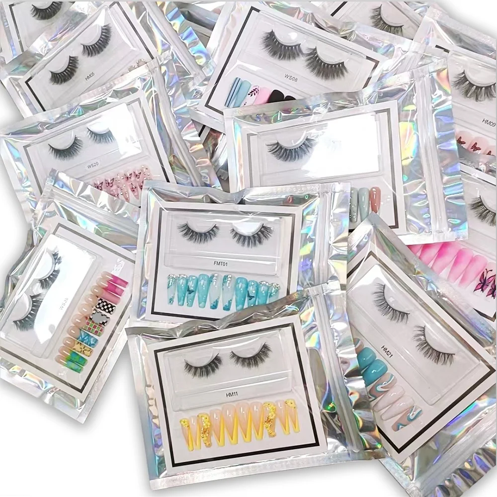 African Hot Sale Long Coffin Press On Artificial False Nails With Pretty Eyelashes Kit