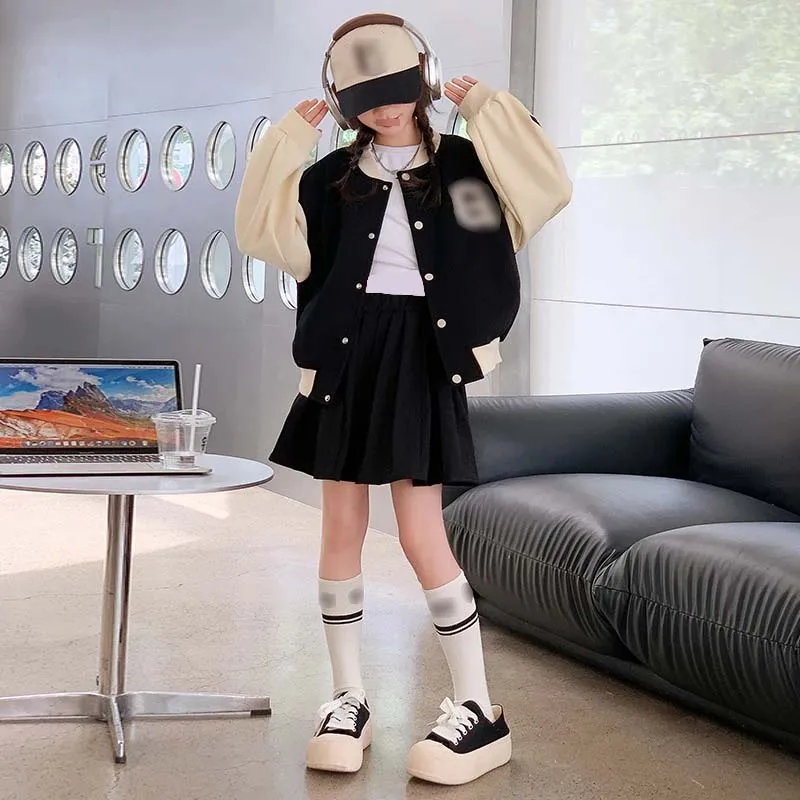 Одежда для девочек-подростков 5-14 лет Весенняя бейсбольная куртка в стиле преппи Короткая юбка комплект из двух предметов детская одежда