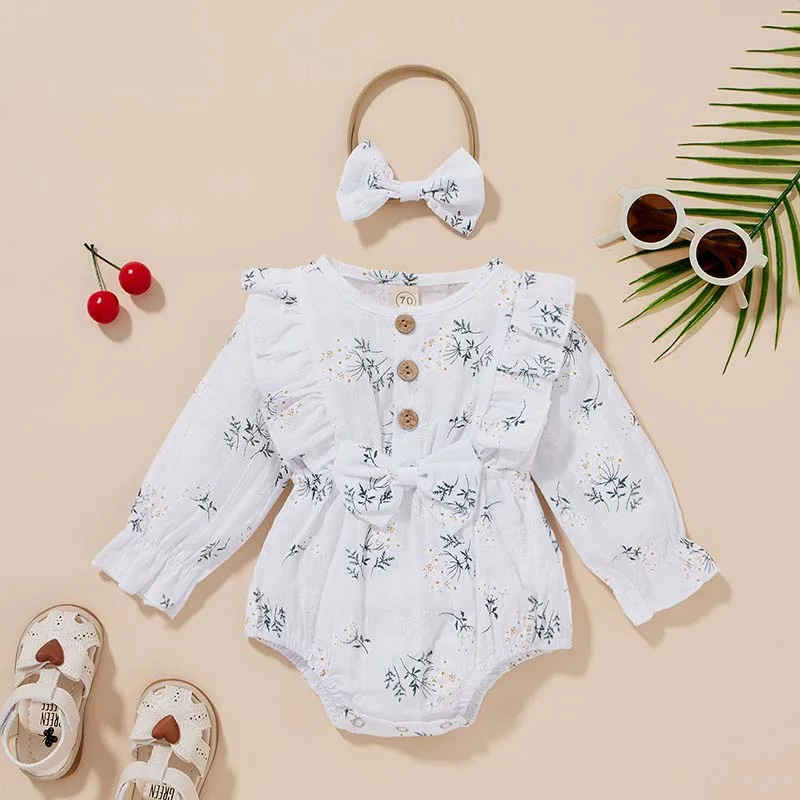 New 100% Cotton ruffle rompers Clothes Lotus Leaf Spring Clothing Girl Baby Romper Hair Band Set