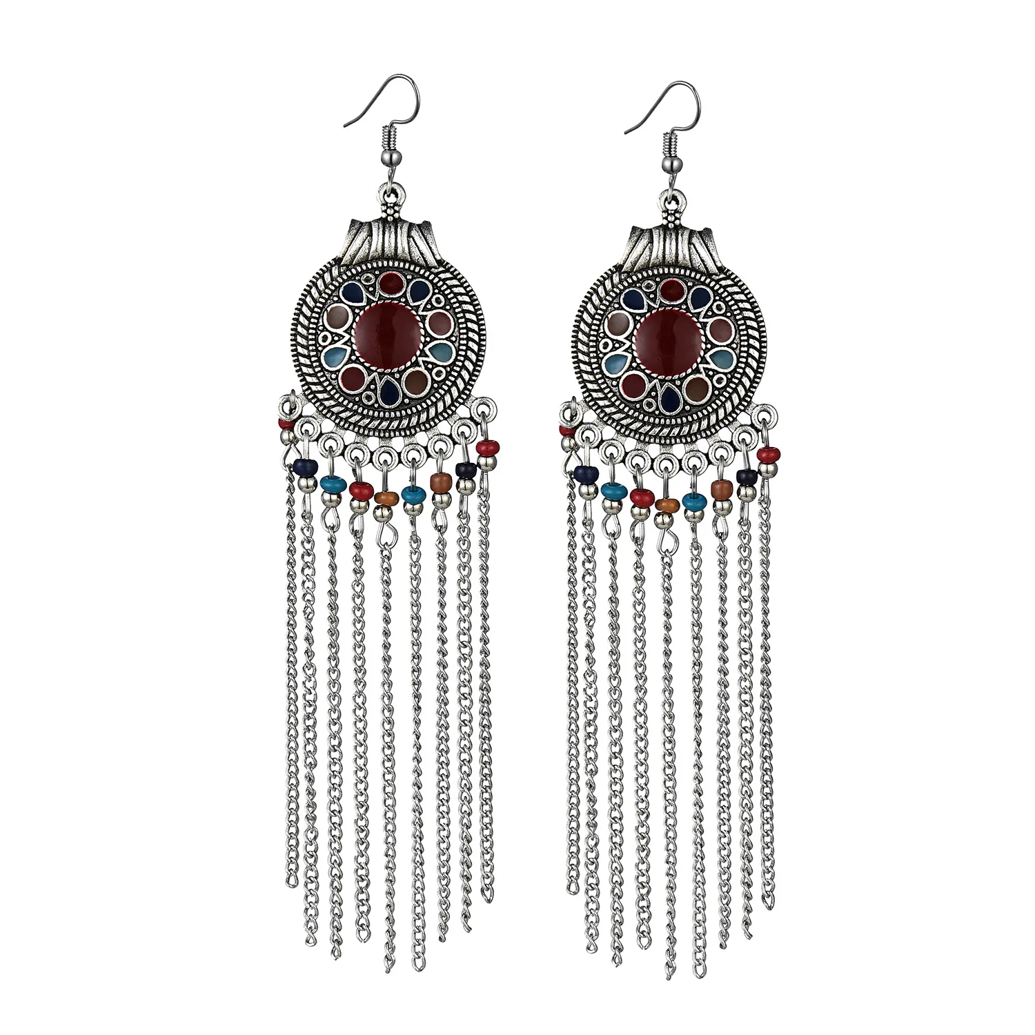 Vintage Tassel Earring Antique Silver Color Statement Ethnic Clover Enamel Drop Earring Bohemian Fashion Women Earring Jewelry
