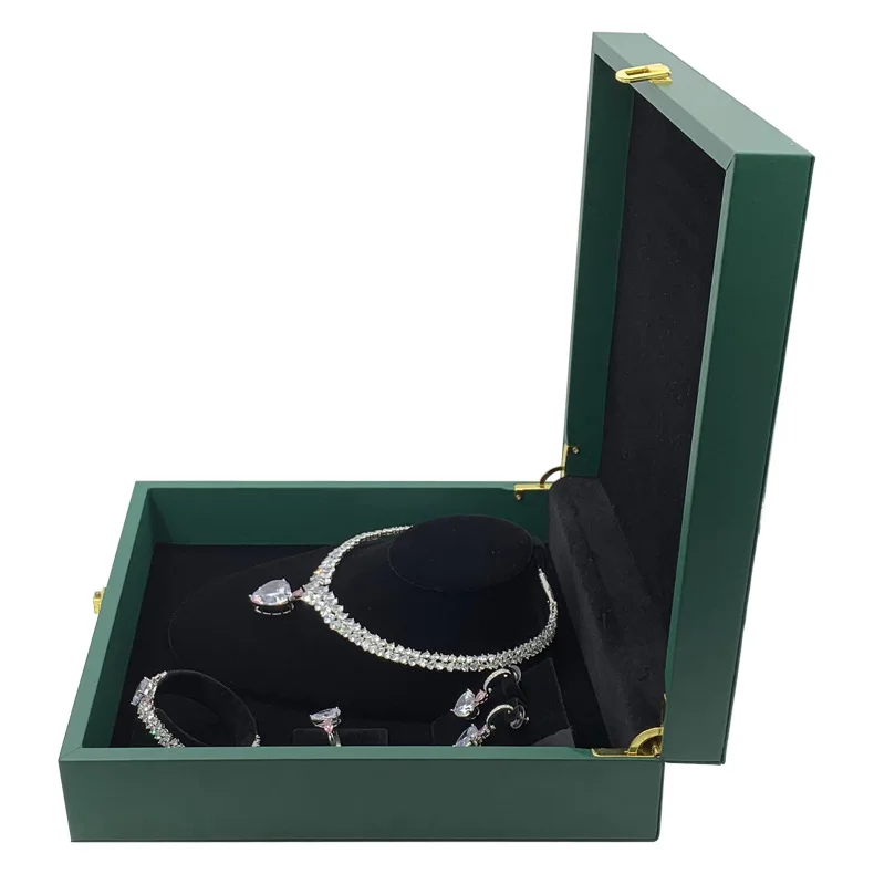 luxury custom logo green PU leather cover wooden jewelry ring earring necklace big set packaging box with metal hinge lock