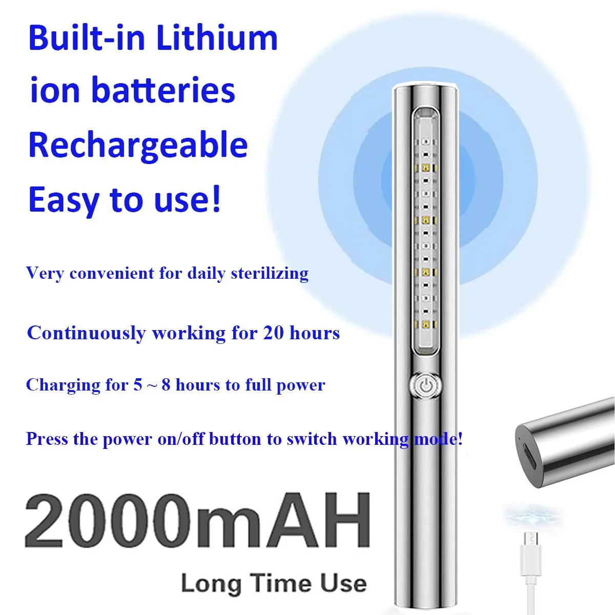 Household Sterilizing 265nm/365nm Portable LED Travel UV Light Wand Sterilizer UV-C Lamp Sterilization Stick