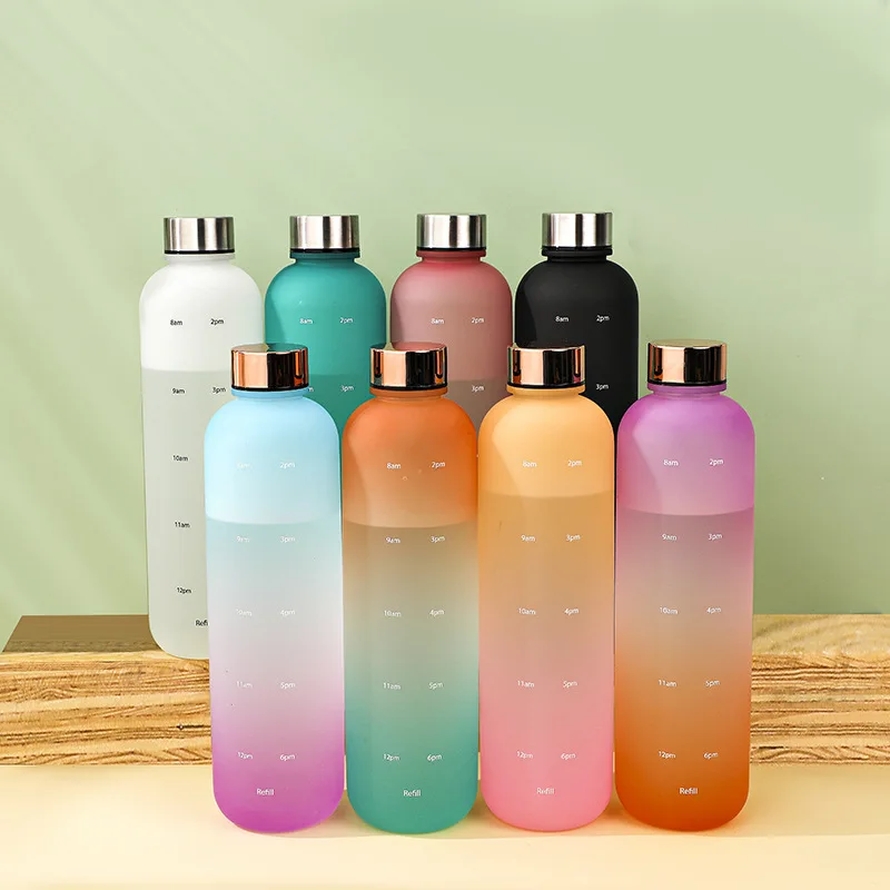 Multicolour 1 Liter Water Bottle 1000ml Transparent Plastic Water Bottle With Gradient Color Sport Water Bottle With Time Marker