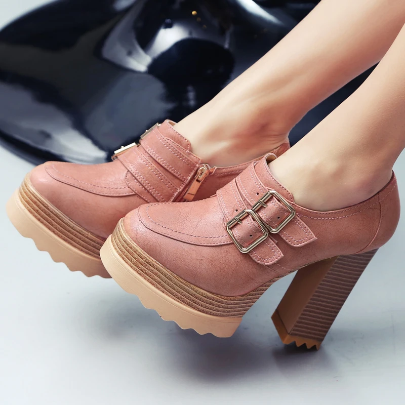 New Round Head Waterproof Platform Buckle Thick Heels Pumps