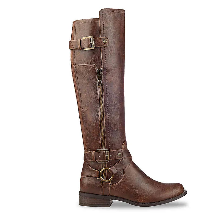 Зимние коричневые женские Рабочие Сапоги до колена с пряжкой-цепочкой высокие сапоги на плоской подошве кожаная обувь для женщин