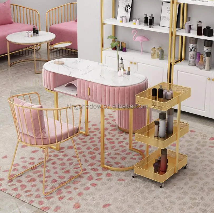 Fashion style cheap nail table gold frame nail salon furniture wholesale