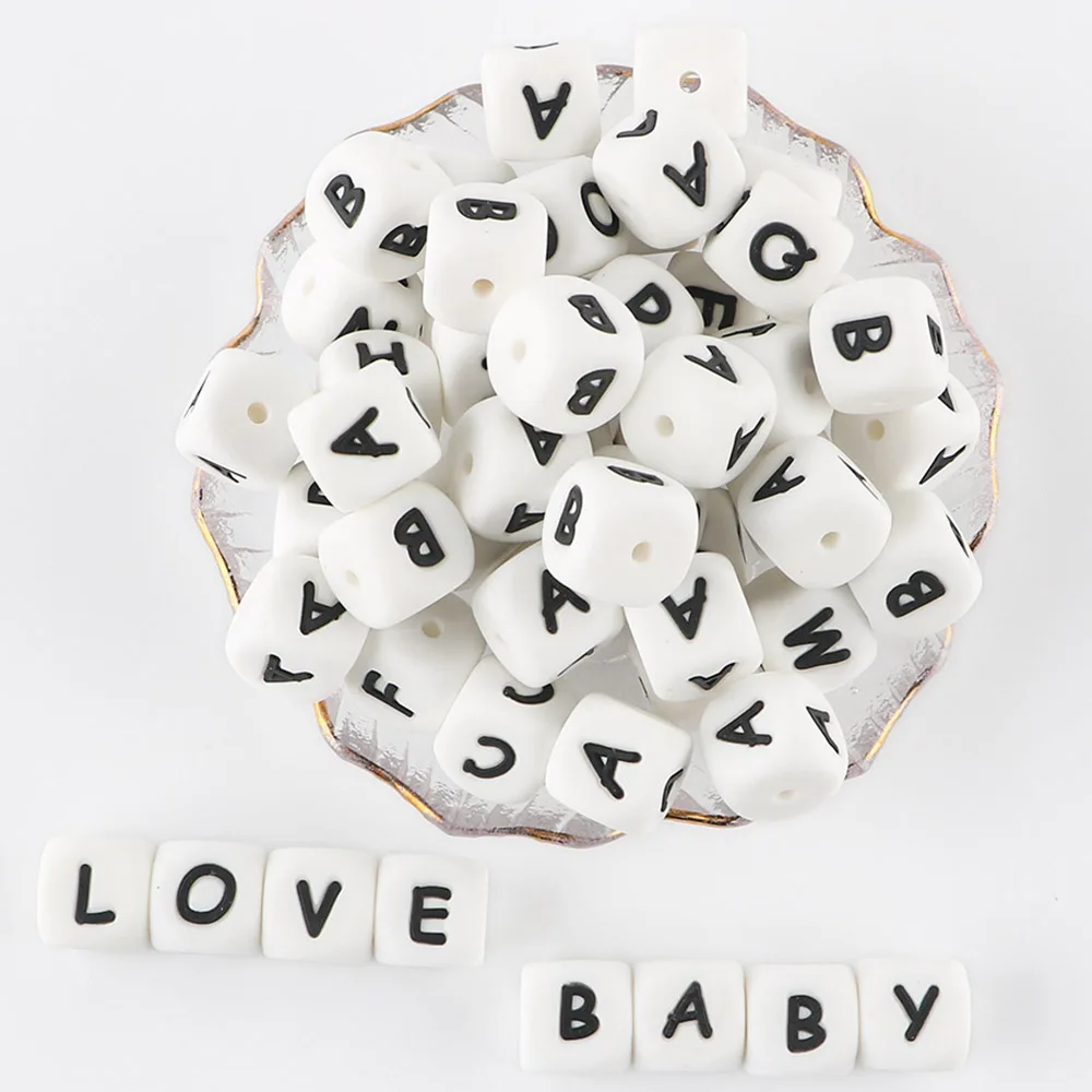 Factory Wholesale Melikey Soft Silicone Beads Alphabet Loose Beads BPA Free 12mm Square Cube Silicone Alphabet Letter Beads