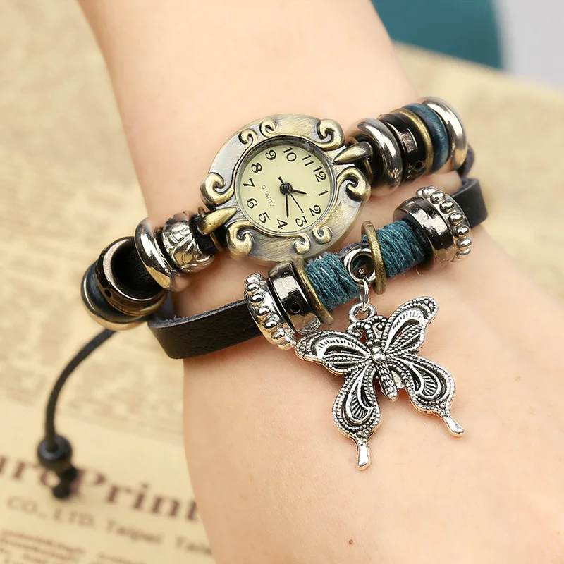 2022 Vintage Fashion Braided Leather Ladies Watches With Bracelets Butterfly Pendant Wrist Watches for Girls