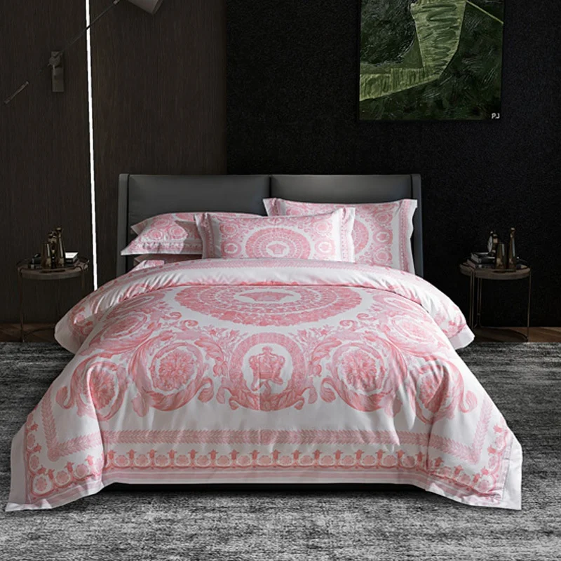 Luxury 100S Cotton Bedding Set baroque Style-E Digital Printing Duvet Cover with Zipper Closure Bed Sheet Pillowcases Set