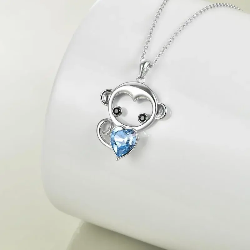 Cute Animal Jewelry Women Girls 925 Sterling Silver Crystal Cubic Zircon Necklace Monkey Heart Pendant Necklace
