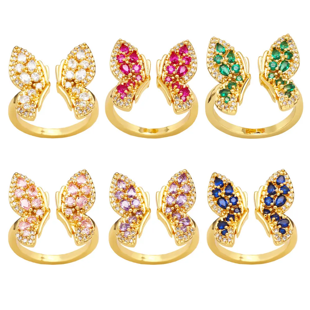 Hot Sale Women 18K Gold Plated Butterfly Ring Colorful Zircon Adjustable Open Rings Sapphire Ruby Purple Crystal Finger Jewelry