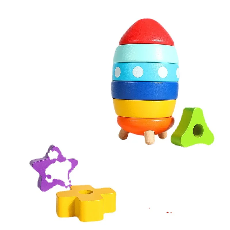 Wooden Rocket Toy Space Rocket Shape Sorting Stacking Toys for Toddler