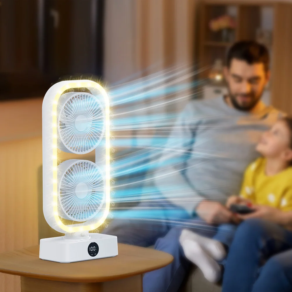 New Design Rechargeable Table Desk Fan 10000mAh Battery Standing USB Charger Electric Oscillating Double Head Mini Tower Fan