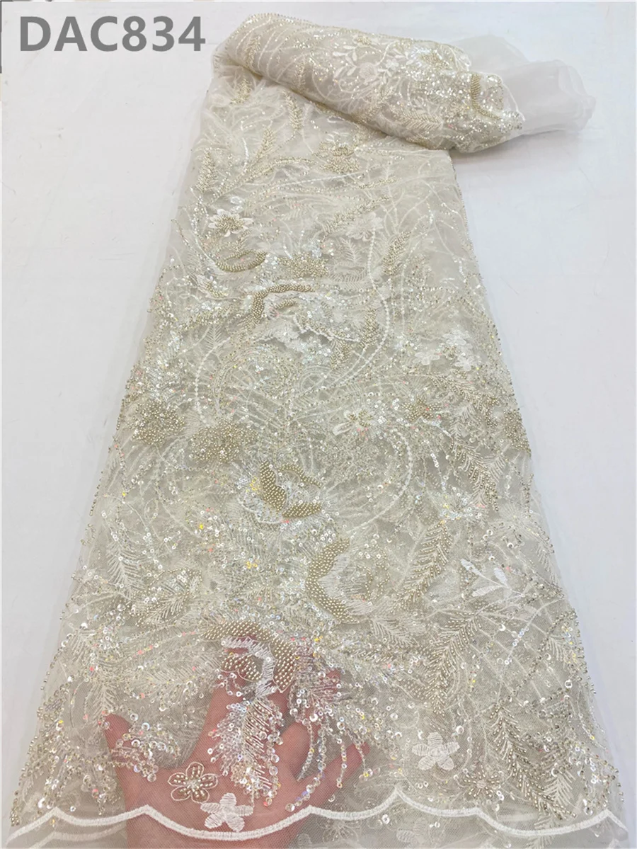 Luxury French Navy Blue Handmade Applique Pearl Beaded Lace Fabric With Sequins Embroidered