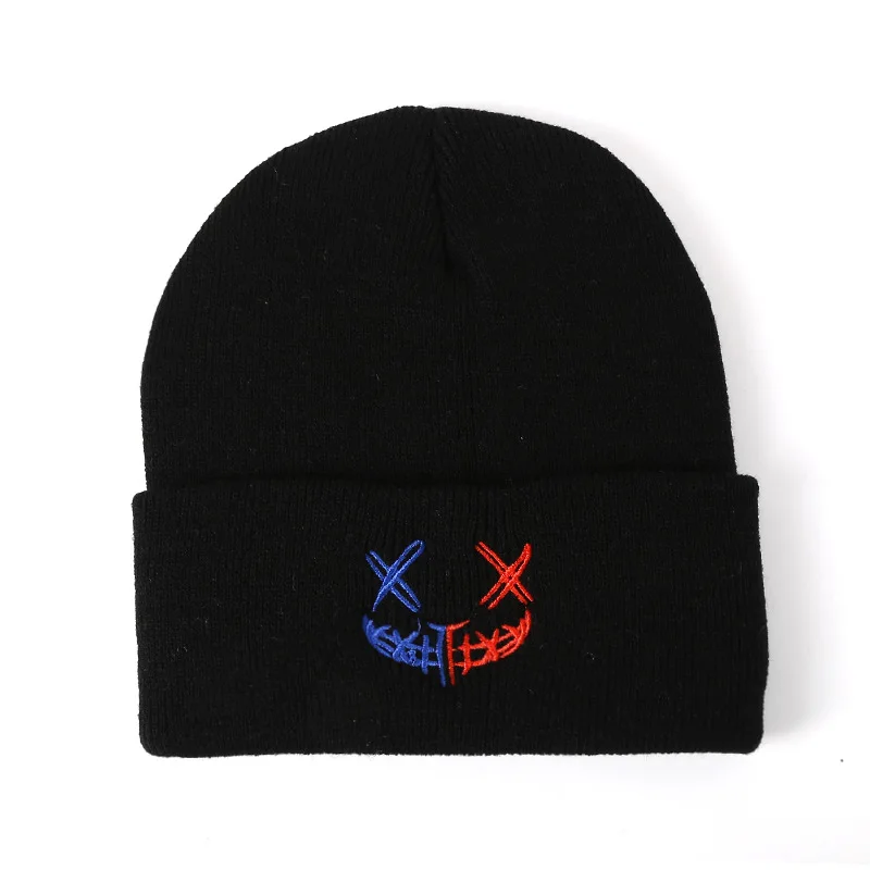 Winter Beanie Hats Stretchy Warm Cap Mens Cuffed Cable Hat Acrylic Skullies Ski Caps Funny Embroidered devil Smiley Beanie Hat