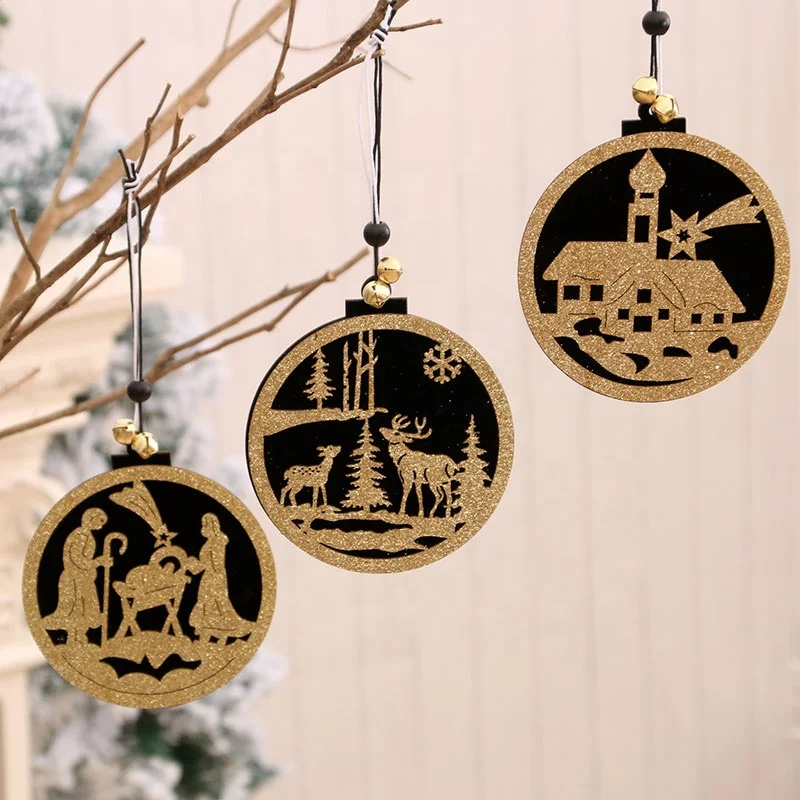Hot sale decorations for home window door hanging Christmas tree high-end pendant wooden hollow 3D small pendant